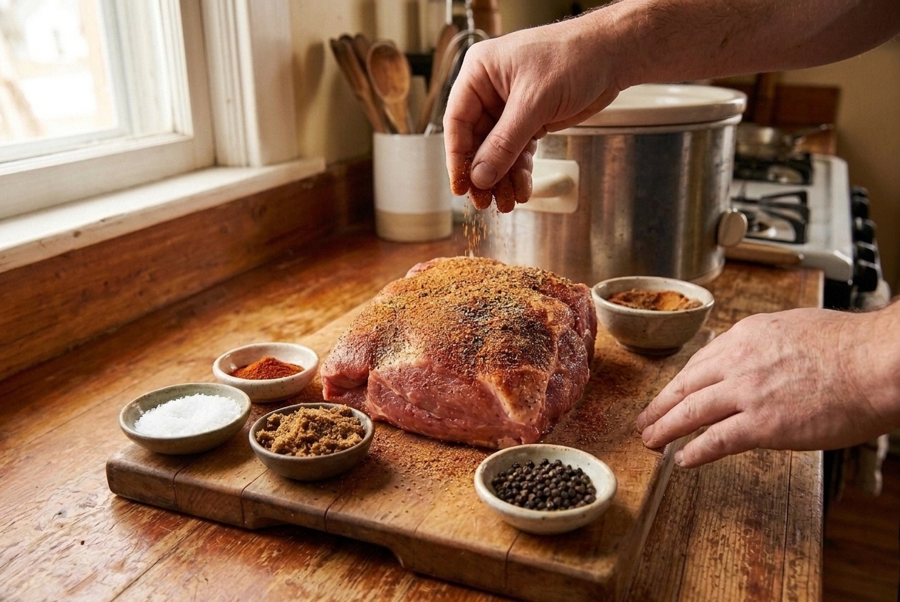 Pork shoulder roast on a wooden cutting board surrounded by small bowls of salt, paprika, brown sugar, and pepper in a home kitchen