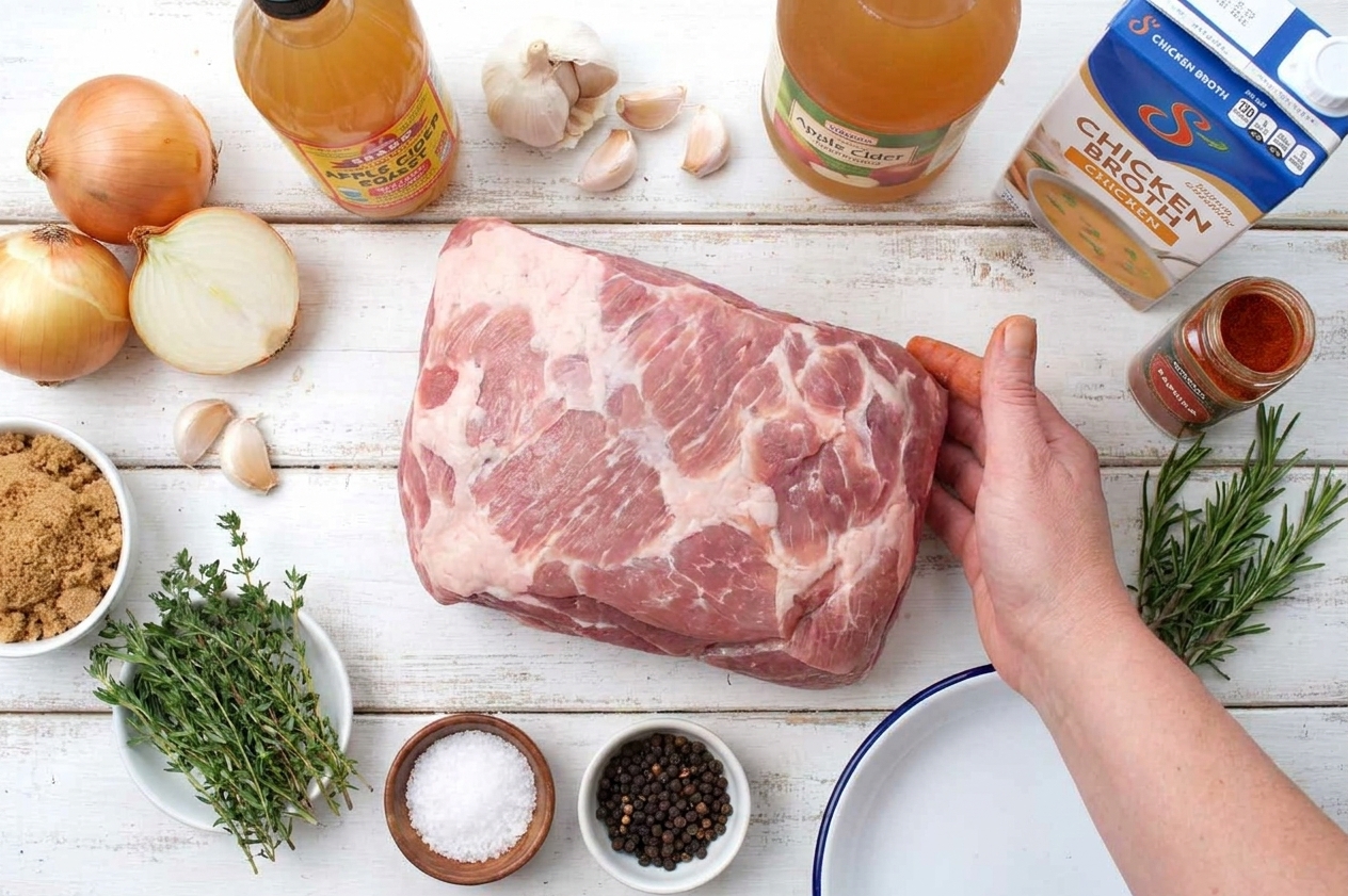 Pork shoulder roast, onions, garlic, apple cider, chicken broth, brown sugar, paprika, salt, pepper, and herbs arranged on a light kitchen counter
