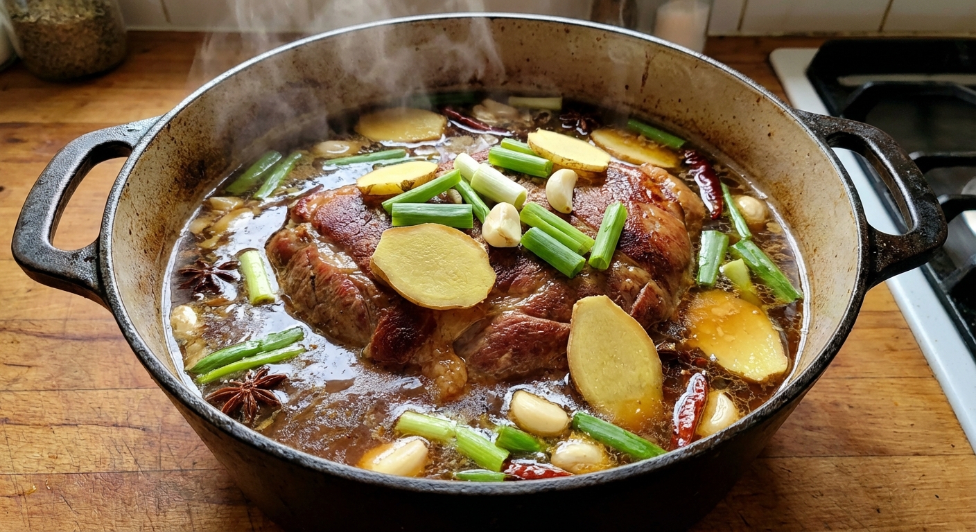 Pork shoulder simmering in a pot with ginger slices, scallions, and garlic floating at the surface