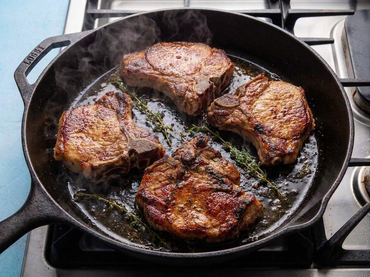 Pork shoulder steaks browning in a cast iron skillet with golden edges and light steam rising