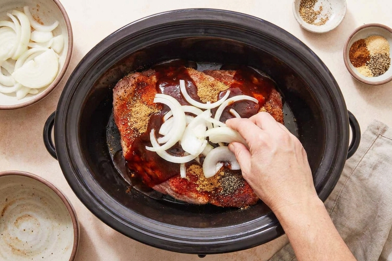 Pork shoulder with dry spices, sliced onion, vinegar, and barbecue sauce ready for the slow cooker