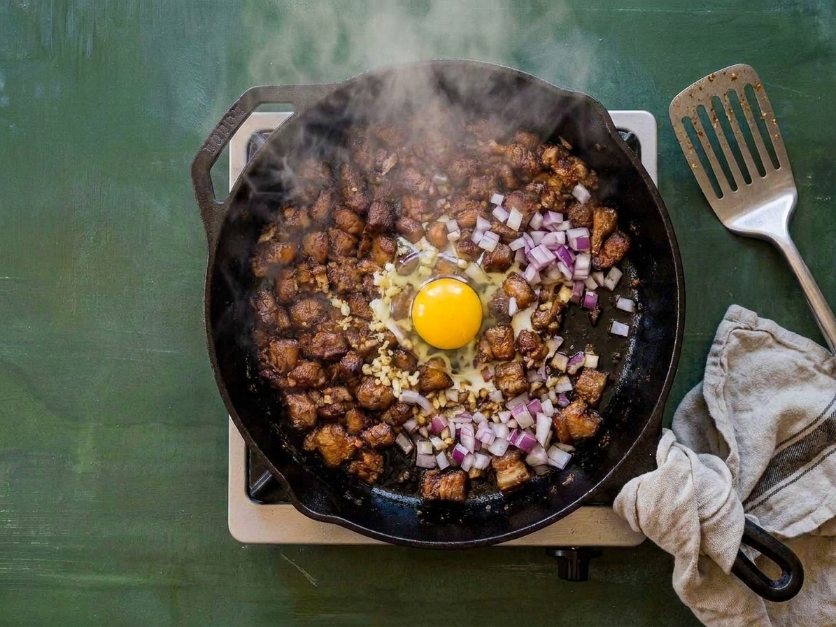 Pork sisig in a hot cast iron skillet with a freshly cracked egg on top and steam rising