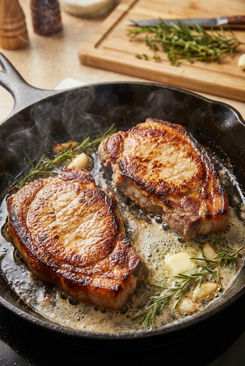 Pork steaks sizzling in a cast iron skillet with browned edges and foaming butter