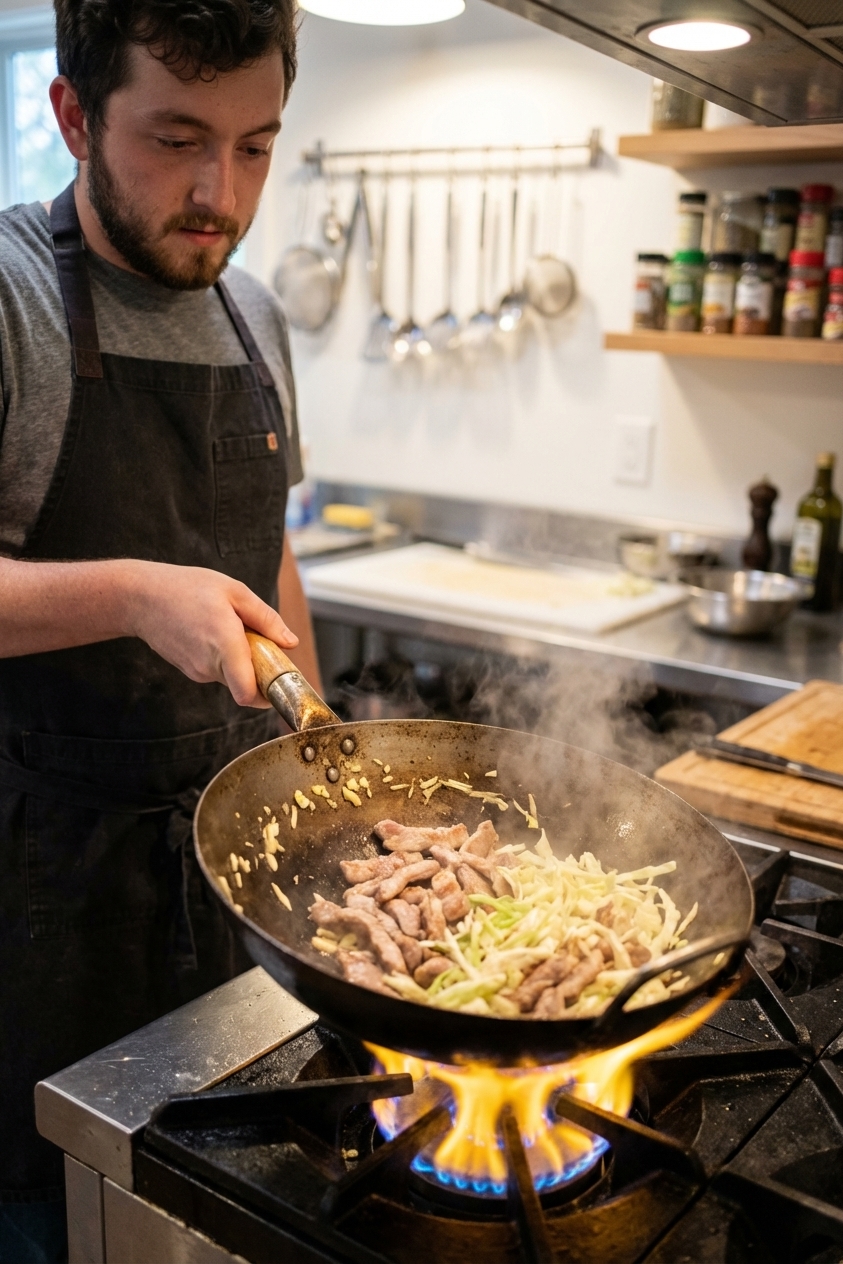 Pork strips and shredded cabbage being tossed in a hot wok over a gas flame with steam rising, realistic kitchen action photo