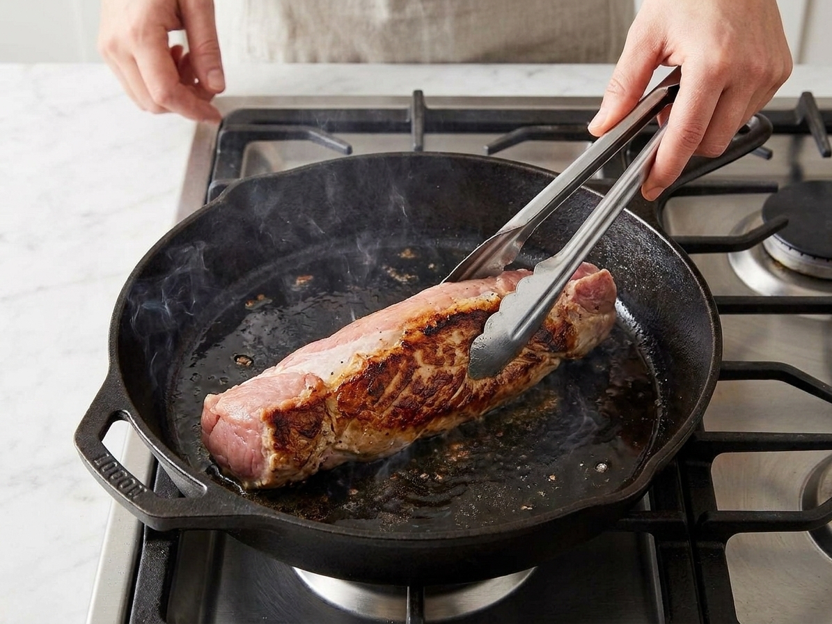 Pork tenderloin being seared in a hot skillet with tongs as browned edges form