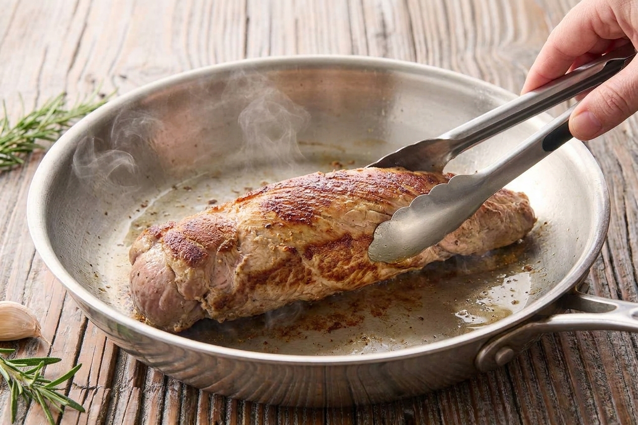 Pork tenderloin being seared in a stainless steel skillet with browned edges forming