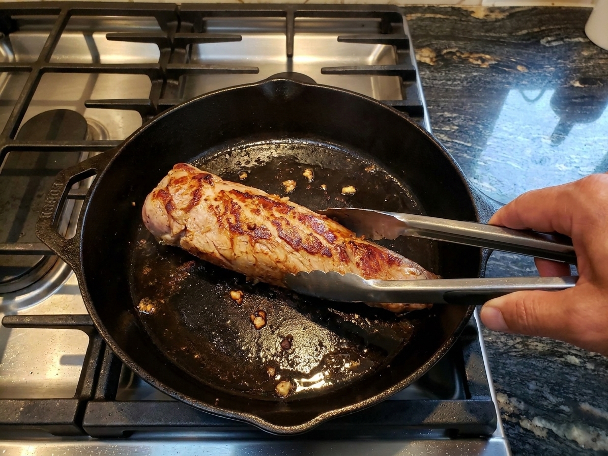 Pork tenderloin browning in a cast iron skillet on a stovetop with golden sear marks forming