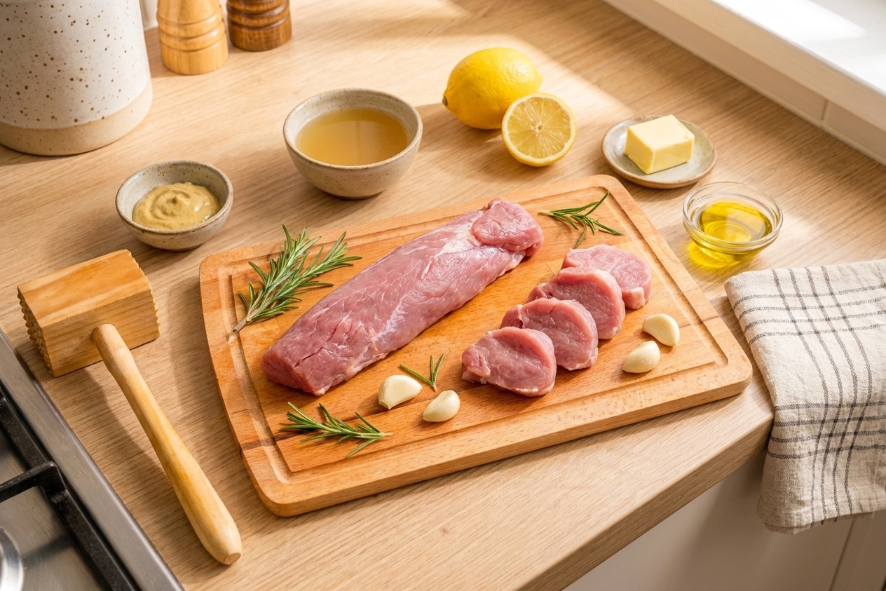 Pork tenderloin, garlic, fresh rosemary, Dijon mustard, chicken broth, lemon, olive oil, and butter arranged on a clean kitchen counter under bright natural light
