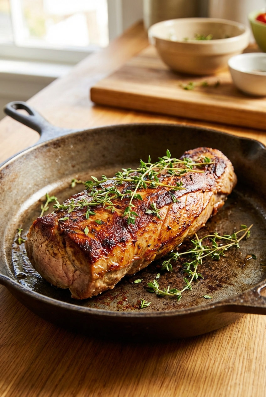 Pork tenderloin in a cast iron skillet with browned crust, fresh thyme scattered on top