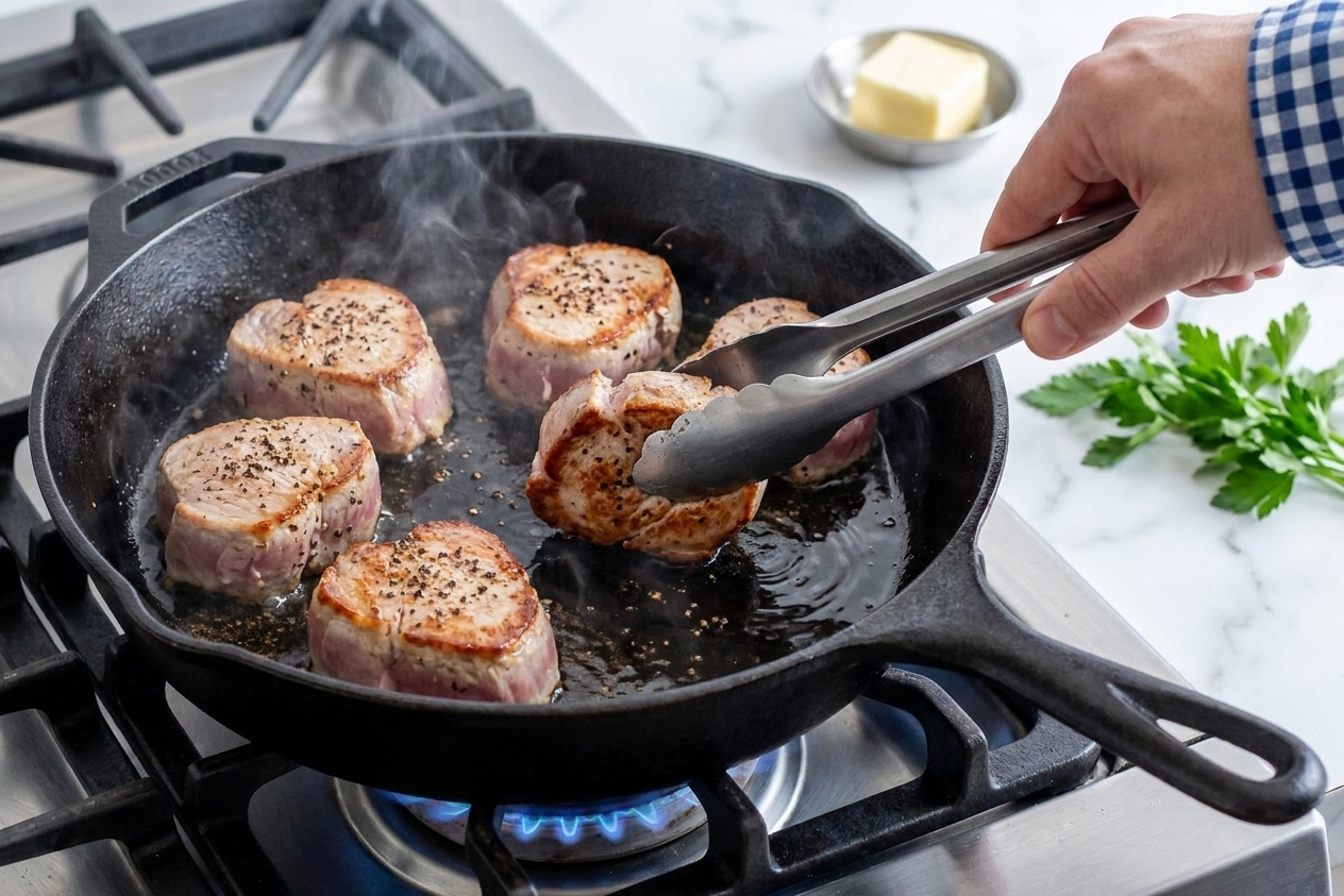 Pork tenderloin medallions searing in a hot skillet with browned edges forming