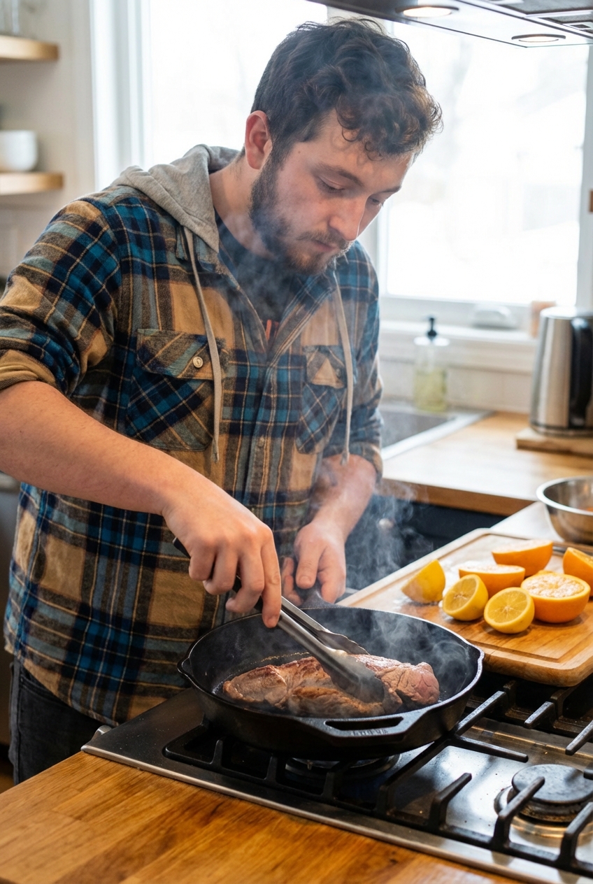 Pork tenderloin searing in a skillet with citrus halves nearby