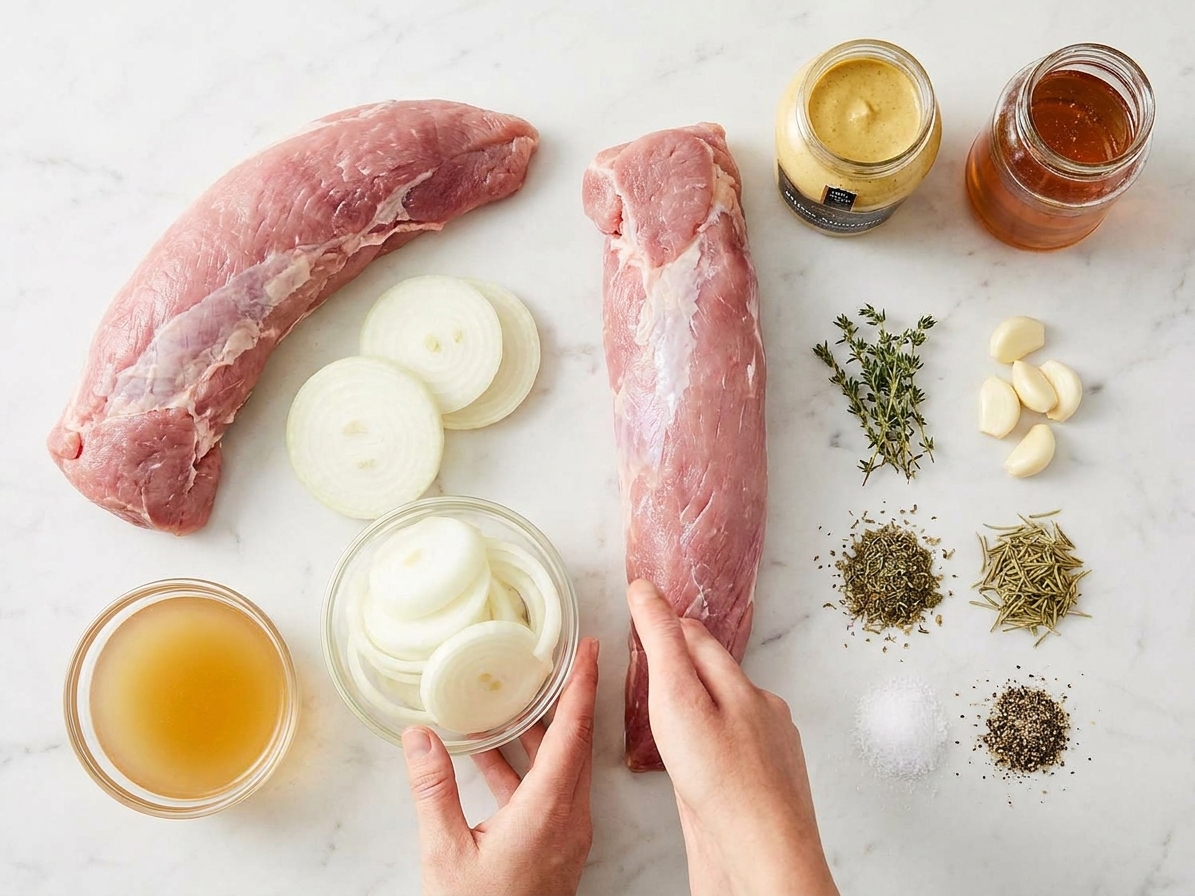 Pork tenderloin, sliced onions, garlic, Dijon mustard, honey, broth, and seasonings arranged on a light kitchen counter