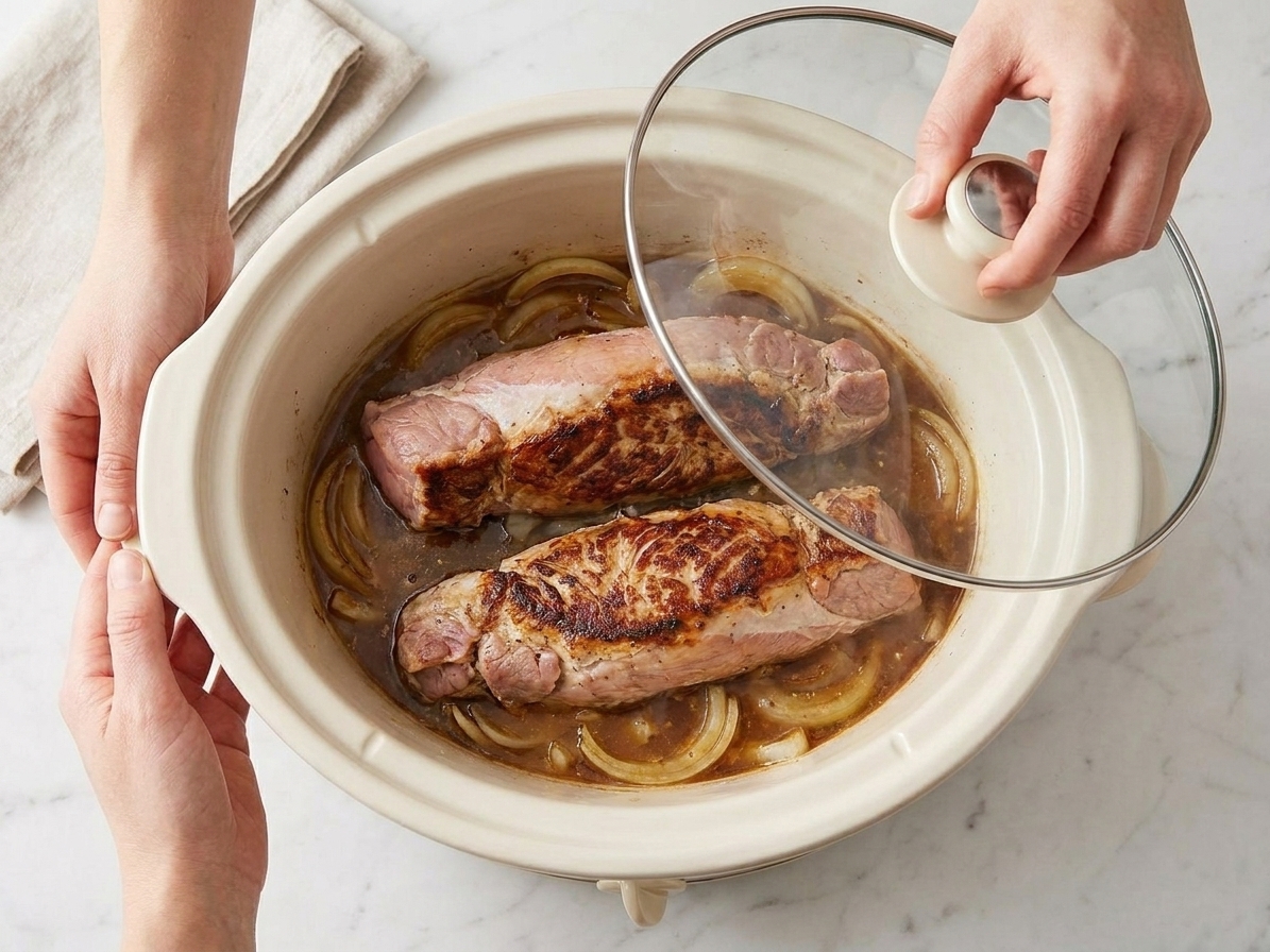 Pork tenderloins resting on sliced onions inside a slow cooker with sauce around them