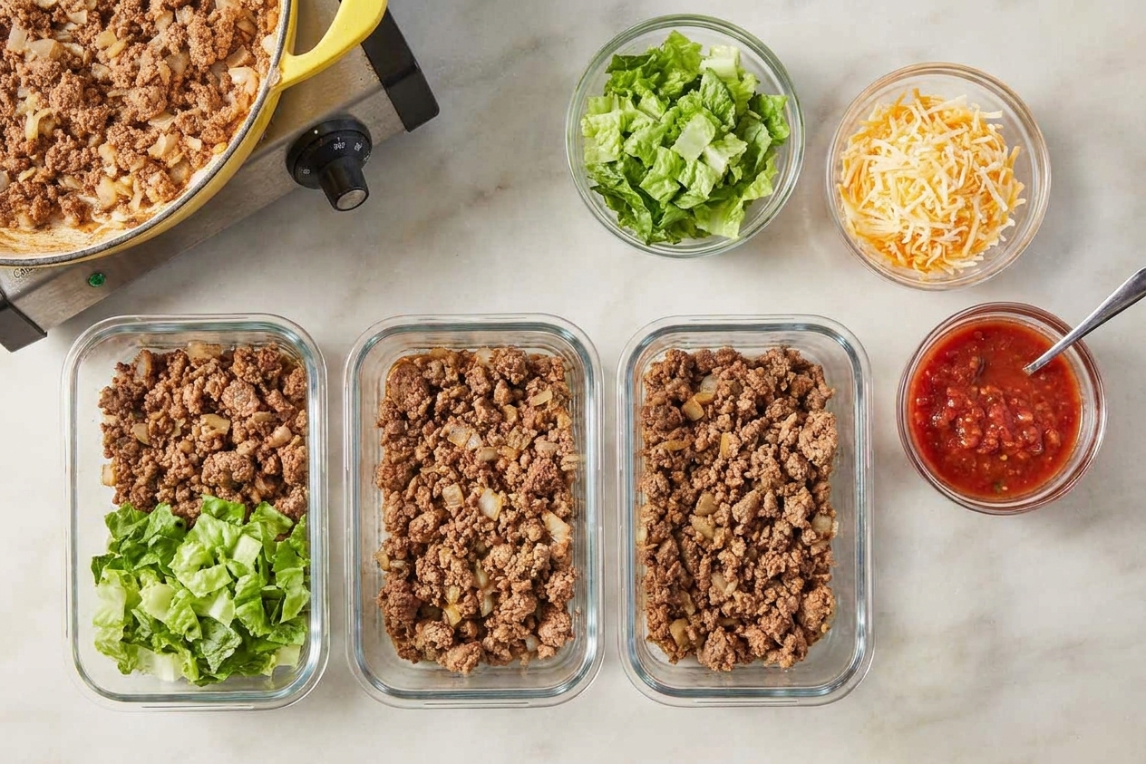 Portion containers filled with cooked ground taco meat alongside chopped lettuce, shredded cheese, and salsa on a kitchen counter