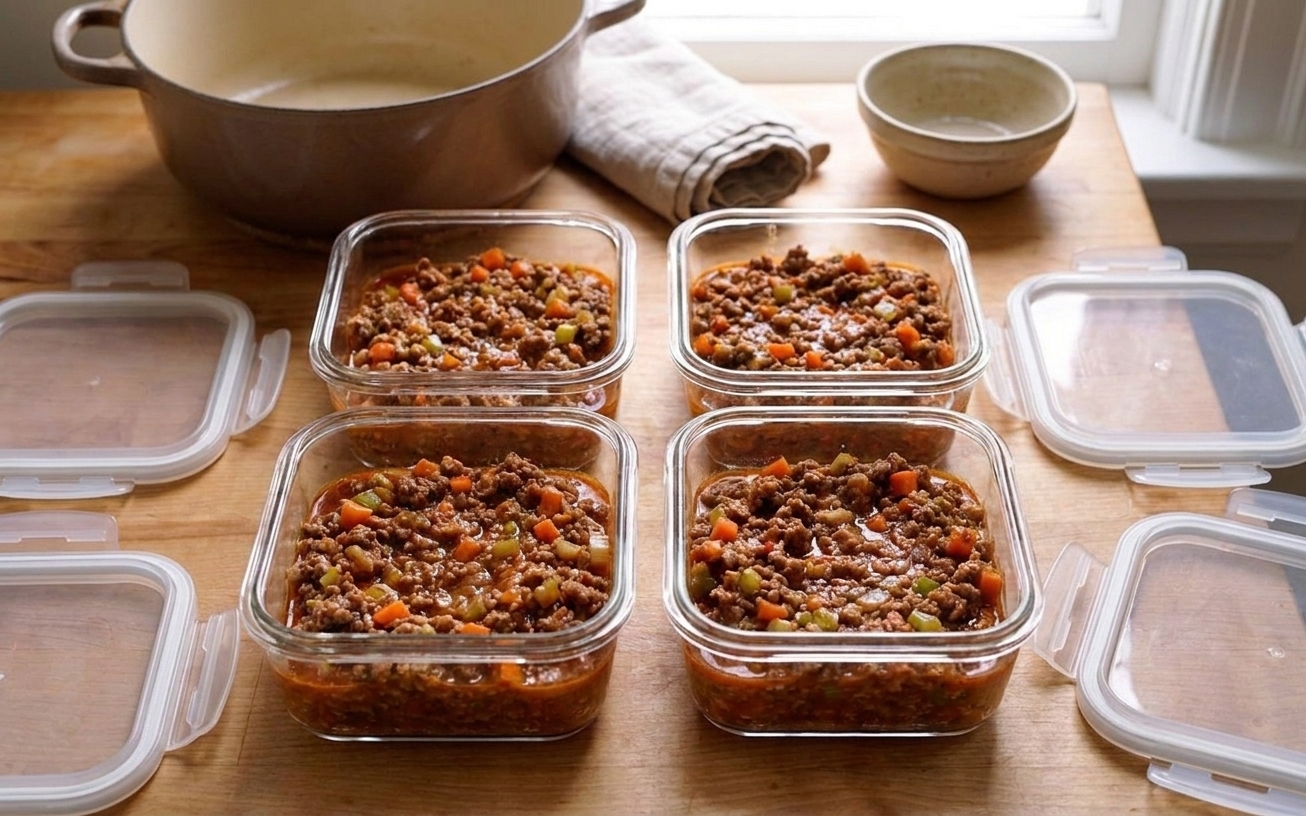 Portion containers filled with cooled bolognese sauce with lids nearby, ready for refrigeration or freezing
