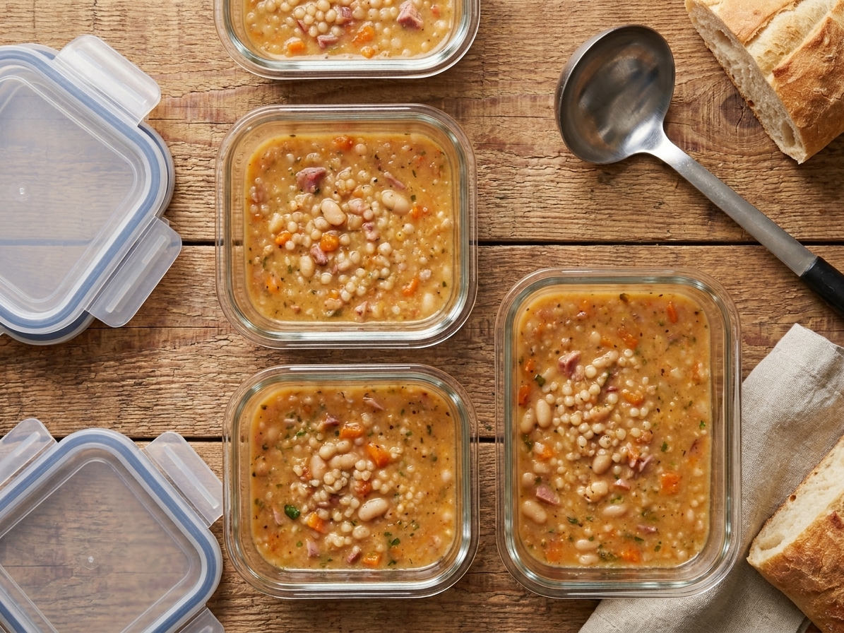 Portion containers filled with cooled navy bean soup on a kitchen counter, lids set nearby, ready for meal prep storage