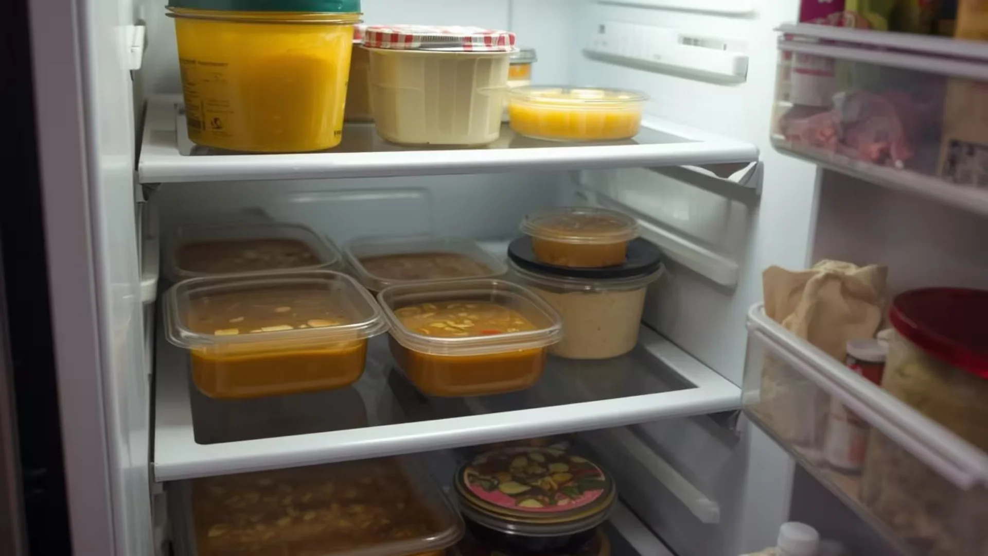 Portion containers filled with creamy chicken and wild rice soup stacked neatly in a refrigerator, consistent warm kitchen lighting