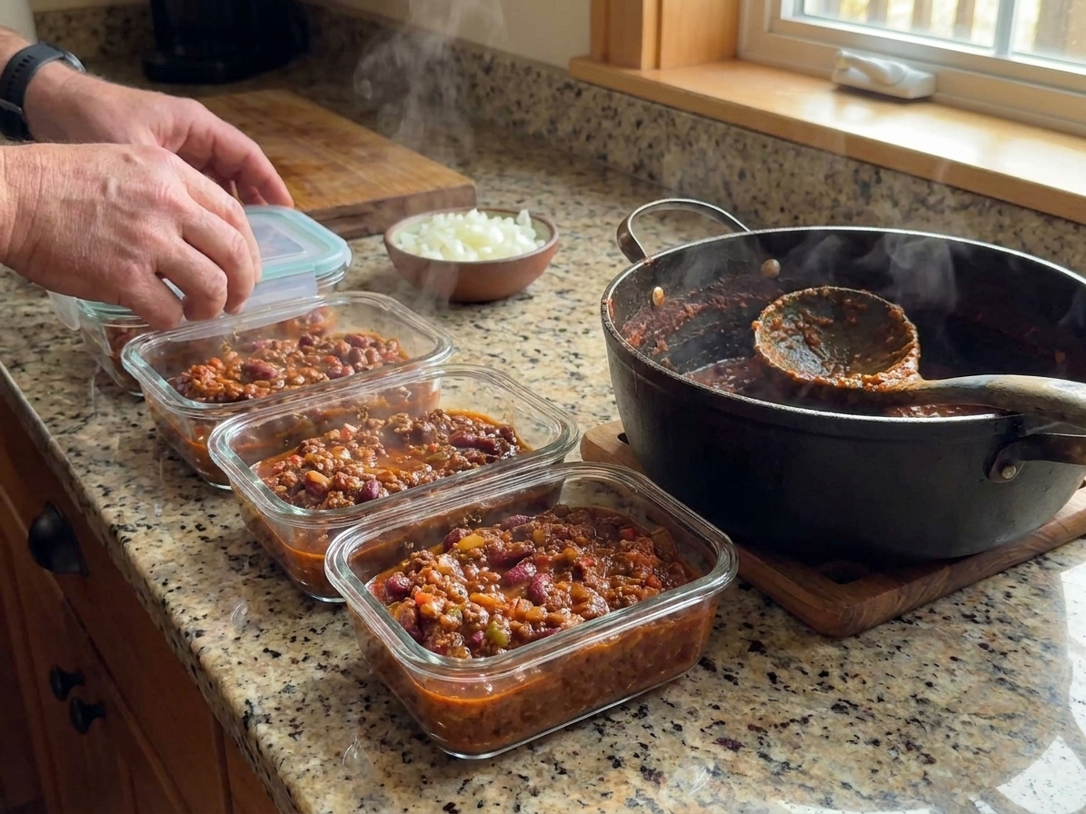 Portion containers filled with deer chili cooling on a kitchen counter beside a ladle and pot