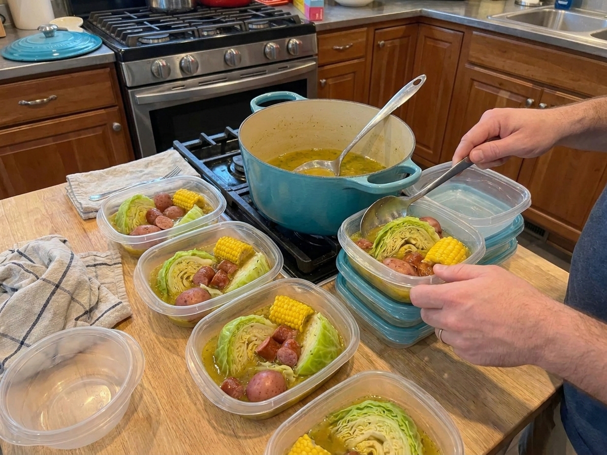 Portion containers filled with leftover cabbage boil including sausage, potatoes, corn, and cabbage with a little broth, sitting on a kitchen counter