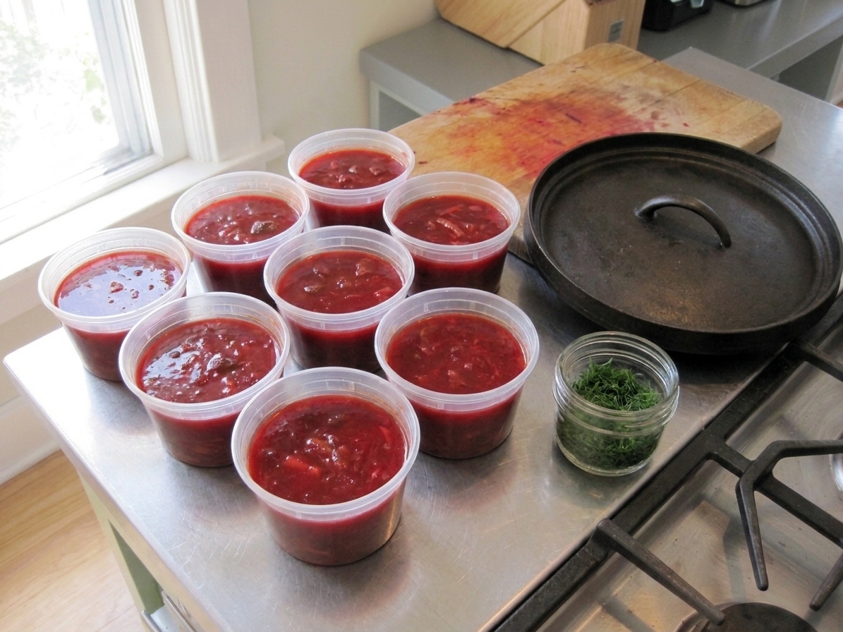 Portion containers filled with red borscht cooling on a kitchen counter next to a lid and a small container of chopped dill