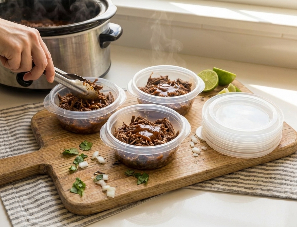 Portion containers filled with shredded beef barbacoa and a little sauce, cooling on a kitchen counter next to stacked lids