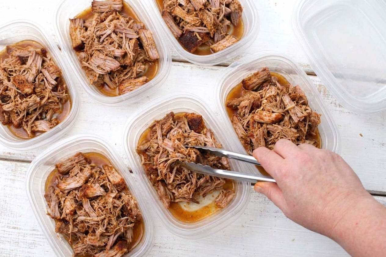 Portion containers filled with shredded pork and a small amount of cooking juices on a kitchen counter, ready for meal prep