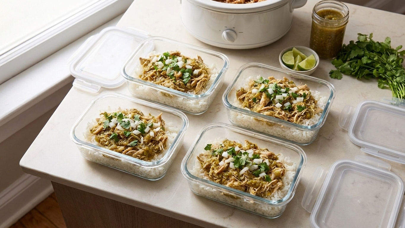 Portion containers filled with shredded salsa verde chicken and rice on a kitchen counter, ready for meal prep
