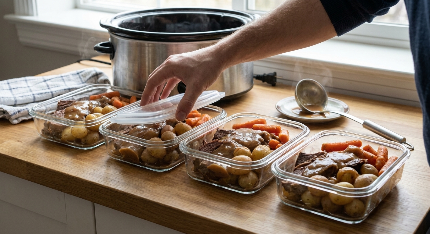 Portion containers filled with sliced pot roast, carrots, potatoes, and gravy lined up on a kitchen counter