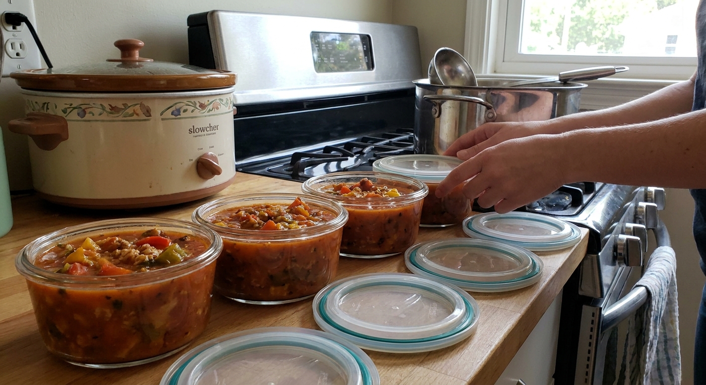 Portion containers filled with stuffed bell pepper soup on a kitchen counter, lids nearby, ready for meal prep