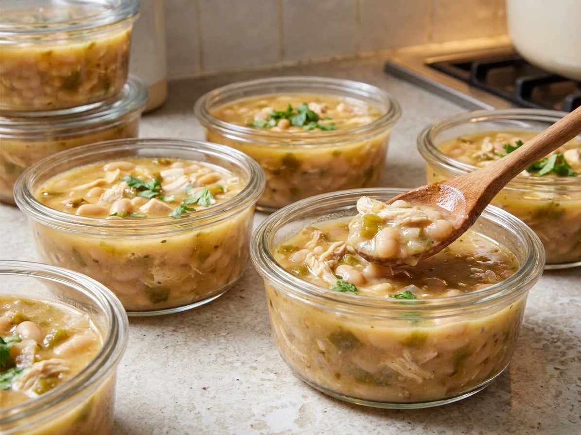 Portion containers filled with white bean chicken chili on a kitchen counter, one container open showing the creamy chili texture