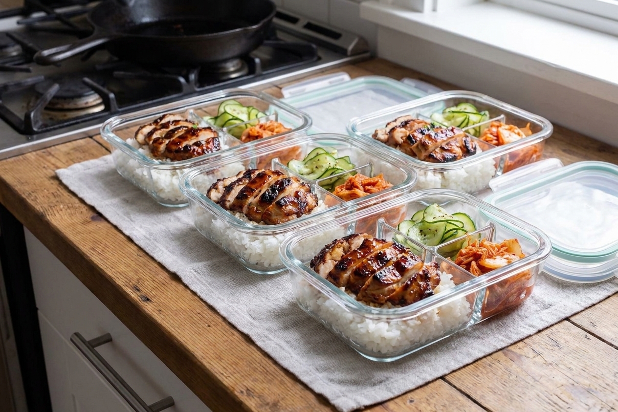 Portion containers of Korean BBQ chicken with rice and vegetables lined up on a kitchen counter ready for meal prep