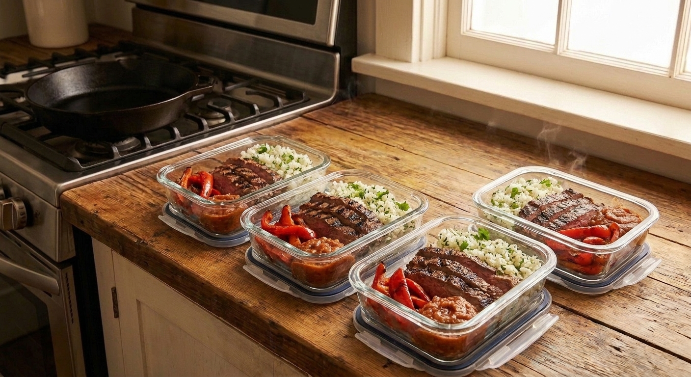 Portion containers with sliced chipotle steak, rice, and roasted peppers lined up on a warm kitchen counter for meal prep