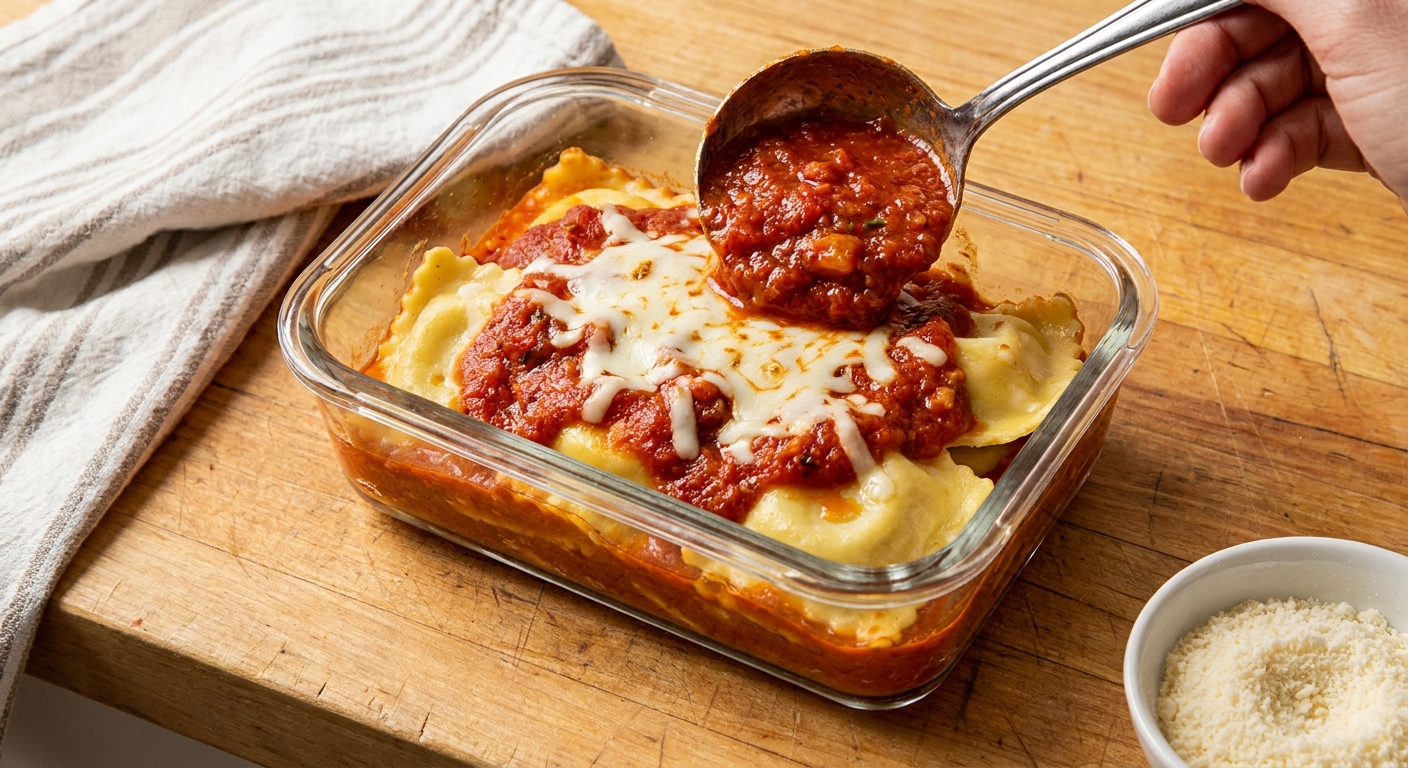 Portion of baked ravioli in a glass meal prep container with extra marinara on top, sitting on a kitchen counter