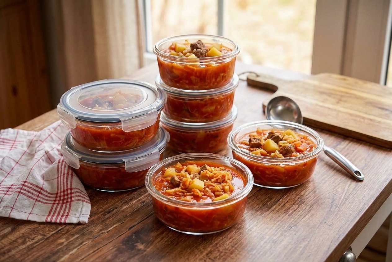 Portion-sized containers of cabbage soup with lids on a kitchen counter, ready to be stored for meal prep, soft natural light