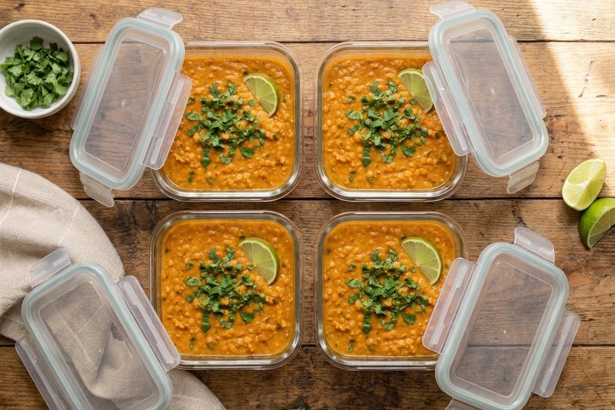 Portion-sized glass meal prep containers filled with red lentil coconut curry on a kitchen counter, lids set nearby, ready for the fridge