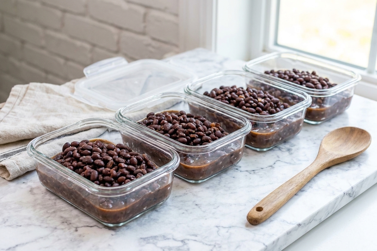 Portioned Mexican black beans in glass meal prep containers with lids on a kitchen counter, ready for the fridge