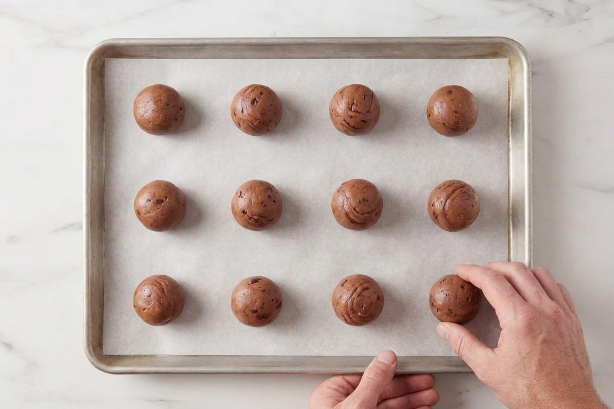 Portioned Nutella cookie dough balls spaced on a parchment-lined baking sheet on a kitchen counter