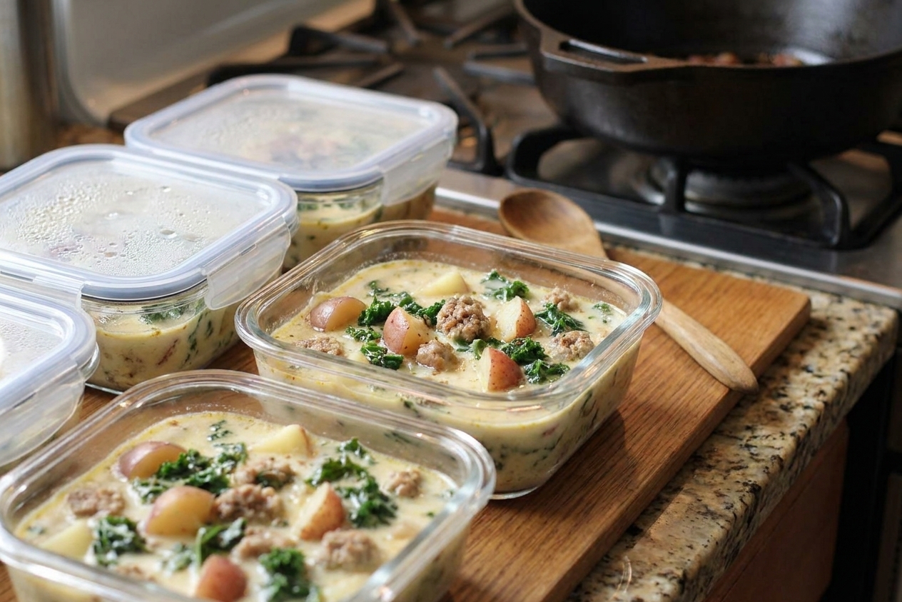 Portioned Toscana soup stored in lidded containers, showing sausage, potatoes, and kale in a creamy broth