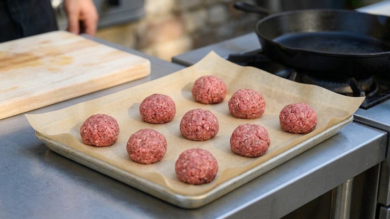 Portioned balls of ground beef on a parchment-lined sheet pan ready for smashing