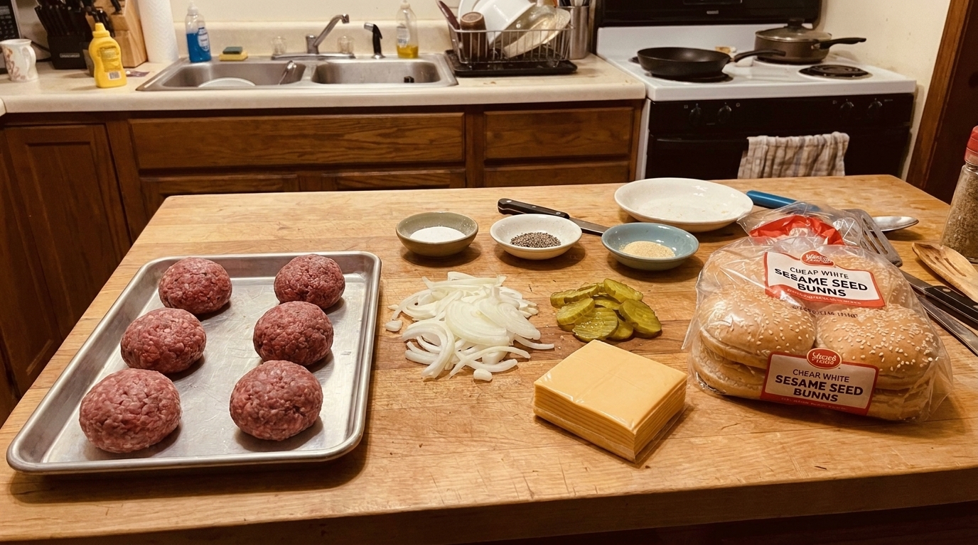 Portioned balls of ground beef on a tray beside sliced onions, pickles, cheese slices, buns, and small bowls of seasonings on a kitchen counter