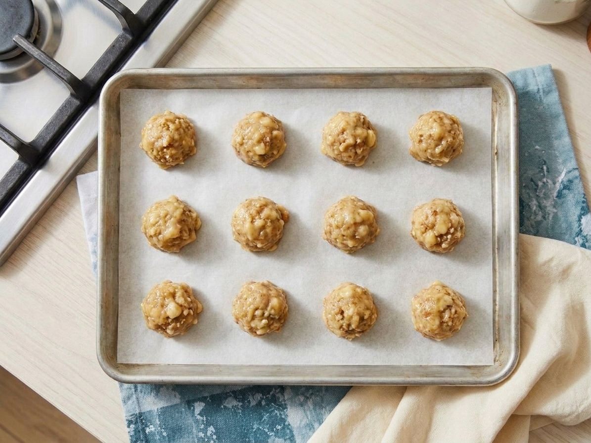 Portioned banana cookie dough balls spaced on a parchment lined baking sheet
