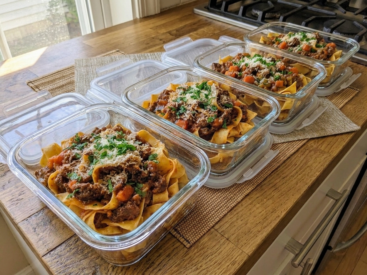 Portioned beef ragu in clear glass meal prep containers with lids on a kitchen counter