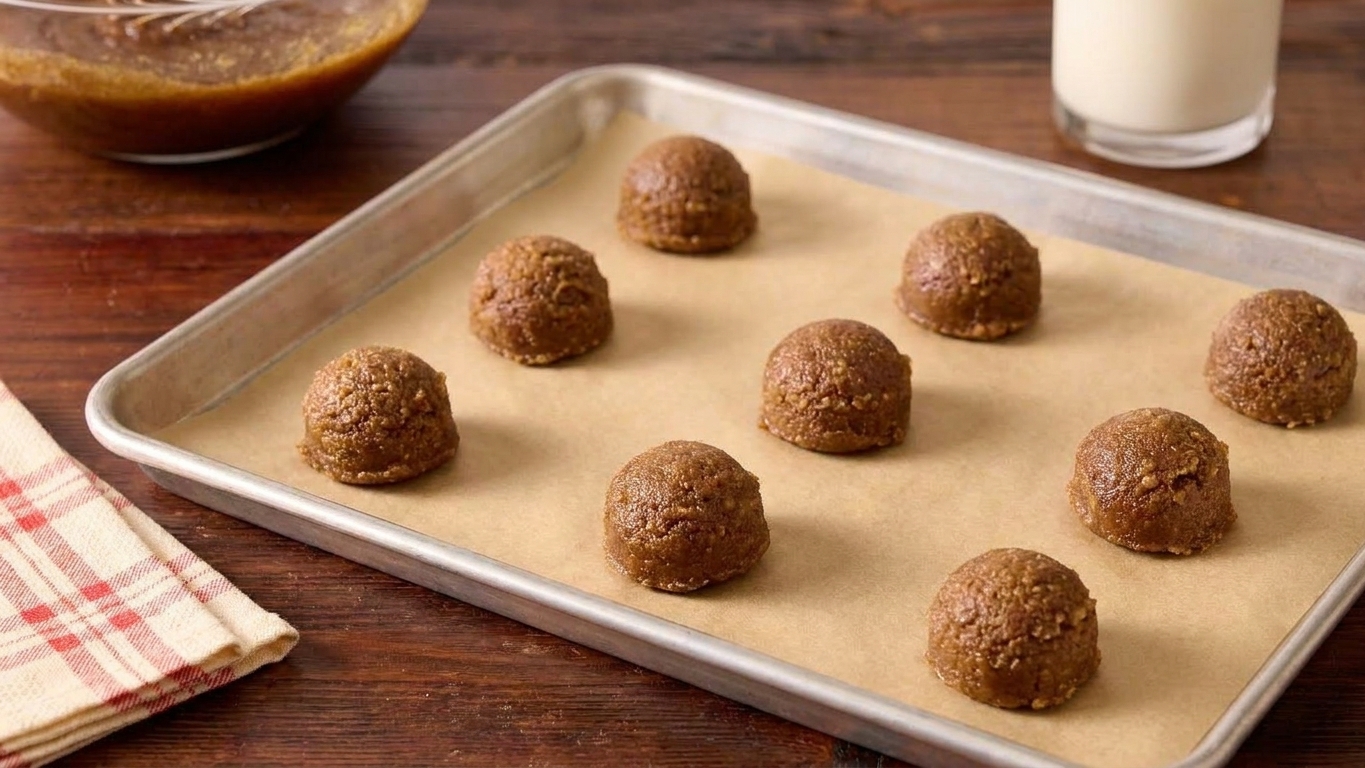 Portioned brown sugar cookie dough balls spaced out on a parchment lined baking sheet before baking