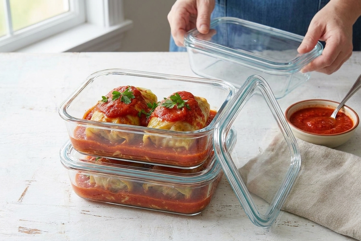 Portioned cabbage rolls in glass meal prep containers with tomato sauce, stacked on a kitchen counter next to a lid