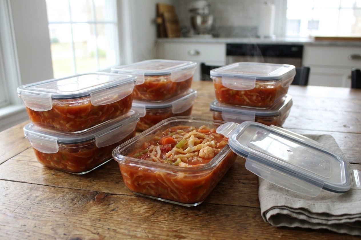 Portioned cabbage soup in clear meal prep containers with lids, ready for the refrigerator