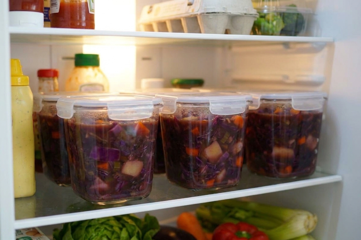 Portioned cabbage soup in clear meal prep containers lined up on a refrigerator shelf with lids on