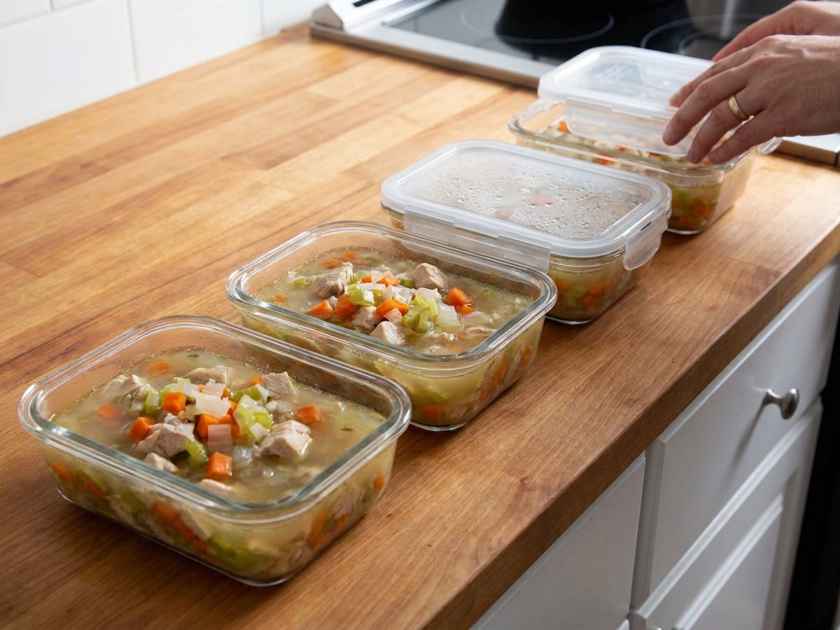 Portioned chicken soup in glass meal prep containers with lids on a kitchen counter, ready for the refrigerator