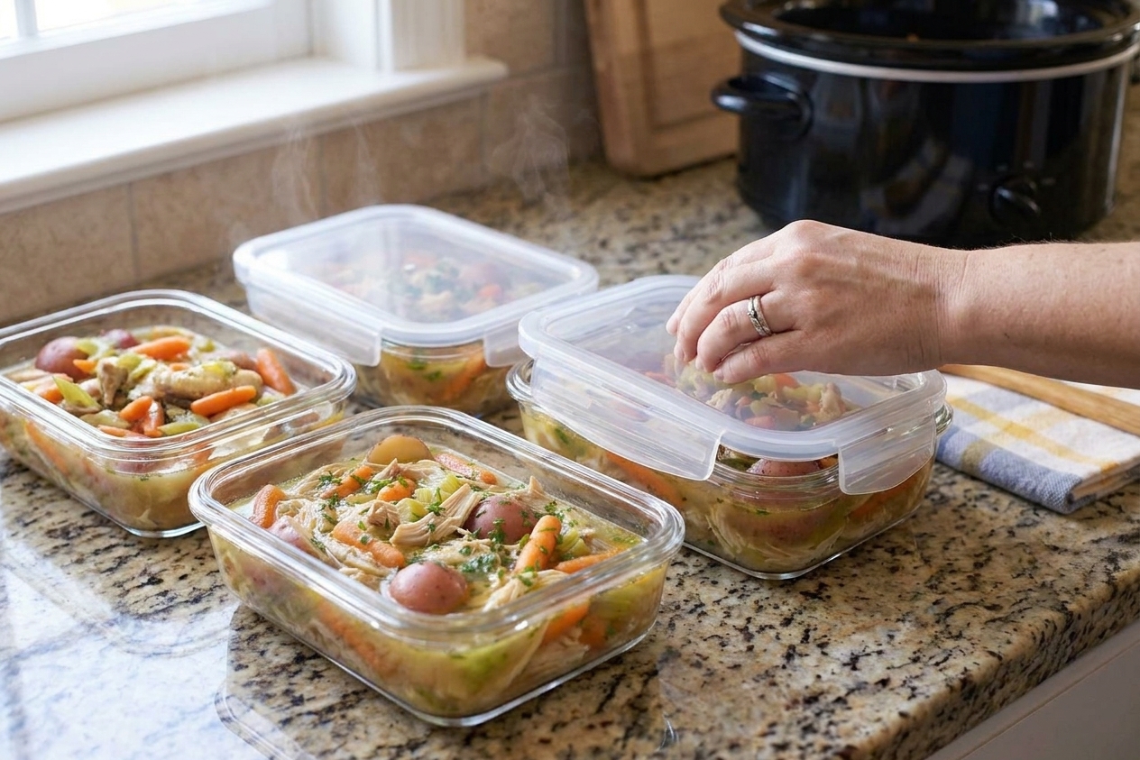 Portioned chicken stew in glass meal prep containers with lids on a kitchen counter