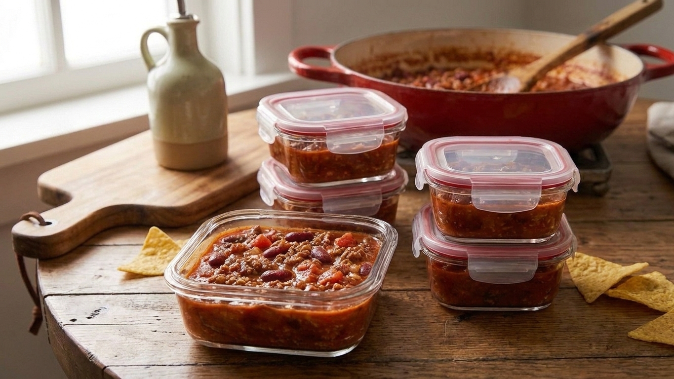 Portioned chili in clear glass meal prep containers with lids on a kitchen counter, ready for refrigeration