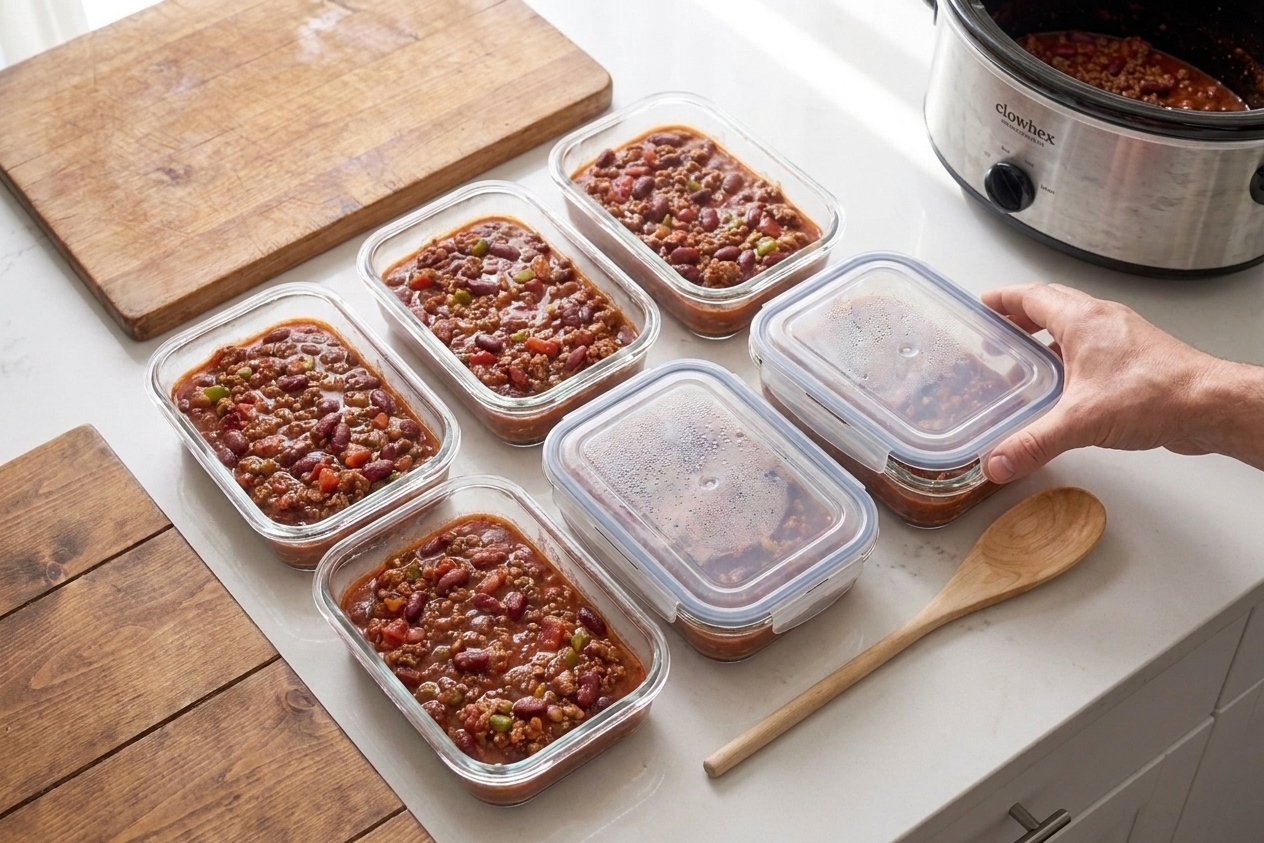 Portioned chili in clear meal prep containers on a kitchen counter ready for refrigerator storage
